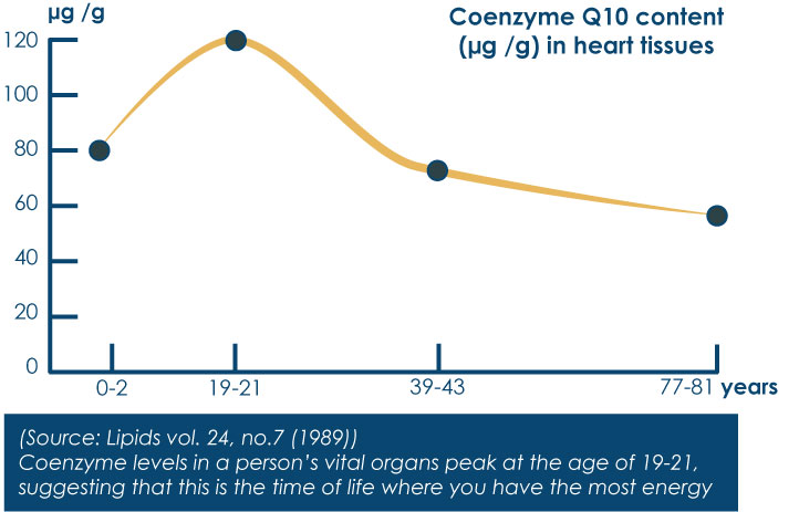 The body's Q10 production peaks in the early twenties, hereafter this production continues to decline